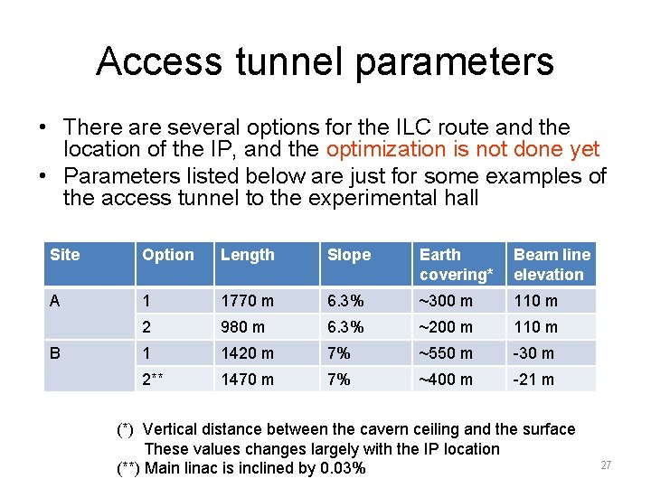 Access tunnel parameters • There are several options for the ILC route and the