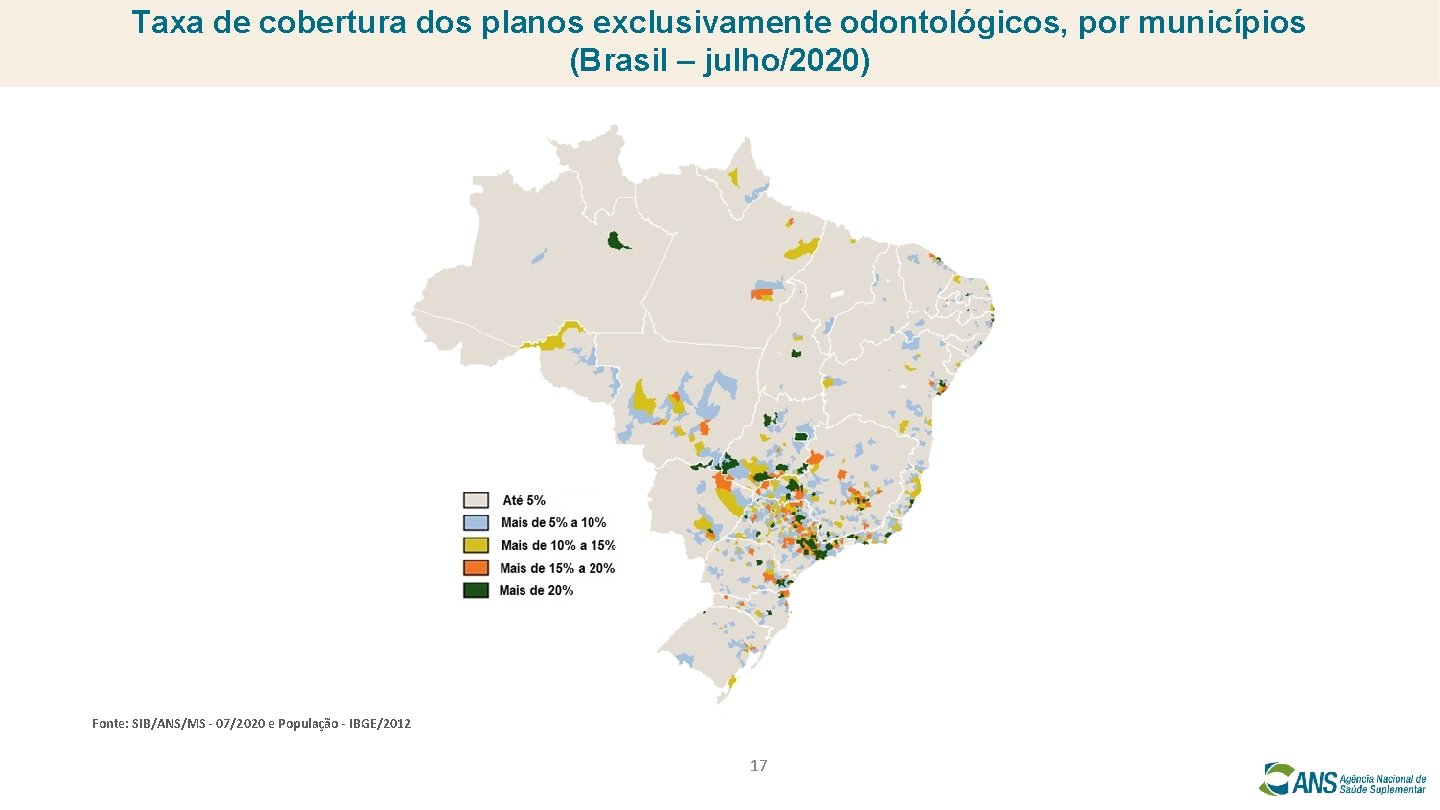 Taxa de cobertura dos planos exclusivamente odontológicos, por municípios (Brasil – julho/2020) Fonte: SIB/ANS/MS