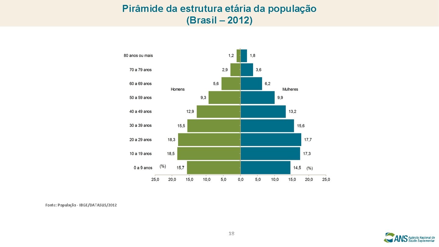 Pirâmide da estrutura etária da população (Brasil – 2012) Fonte: População - IBGE/DATASUS/2012 18