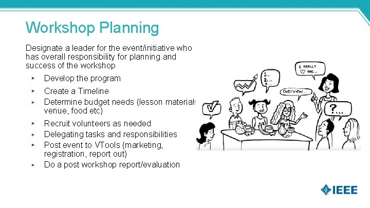 Workshop Planning Designate a leader for the event/initiative who has overall responsibility for planning