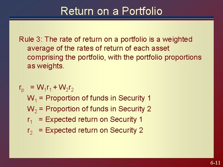 Return on a Portfolio Rule 3: The rate of return on a portfolio is