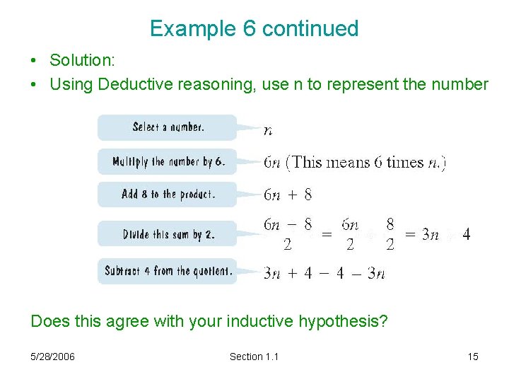 Example 6 continued • Solution: • Using Deductive reasoning, use n to represent the