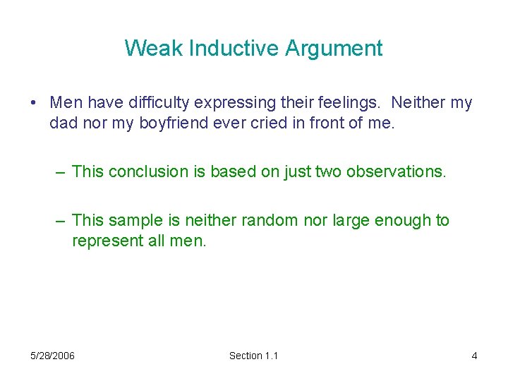 Weak Inductive Argument • Men have difficulty expressing their feelings. Neither my dad nor