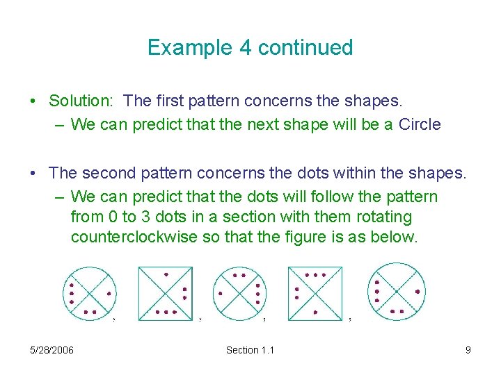 Example 4 continued • Solution: The first pattern concerns the shapes. – We can