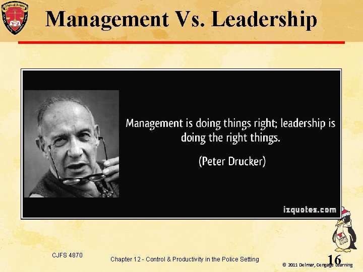 Management Vs. Leadership CJFS 4870 Chapter 12 - Control & Productivity in the Police