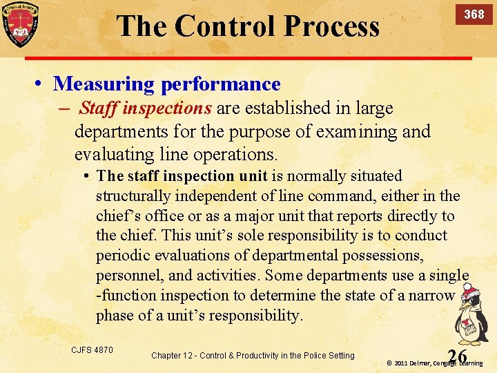 368 The Control Process • Measuring performance – Staff inspections are established in large