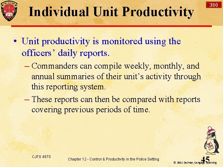 Individual Unit Productivity 380 • Unit productivity is monitored using the officers’ daily reports.