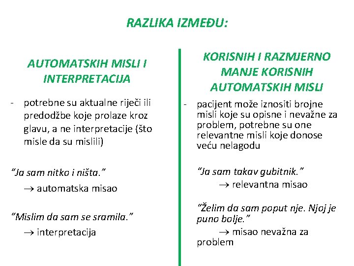 RAZLIKA IZMEĐU: AUTOMATSKIH MISLI I INTERPRETACIJA - potrebne su aktualne riječi ili predodžbe koje