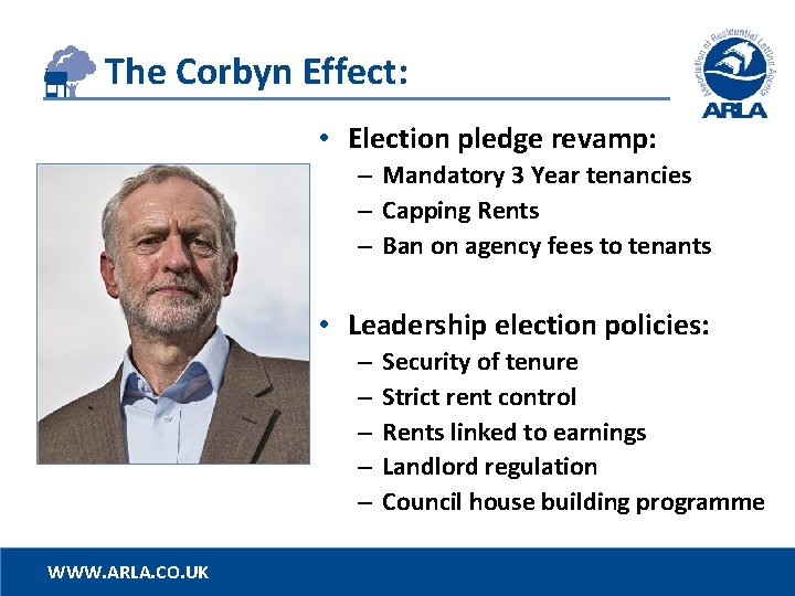 The Corbyn Effect: • Election pledge revamp: – Mandatory 3 Year tenancies – Capping