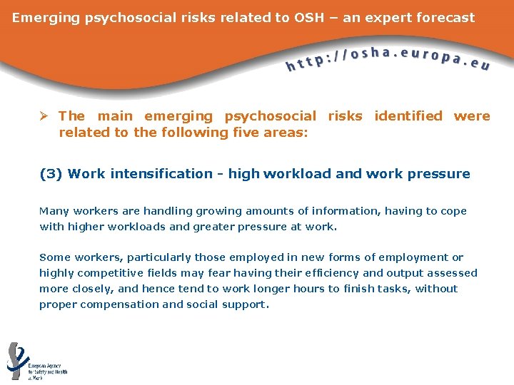 Emerging psychosocial risks related to OSH – an expert forecast Ø The main emerging