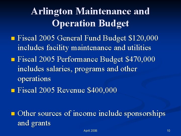 Arlington Maintenance and Operation Budget Fiscal 2005 General Fund Budget $120, 000 includes facility