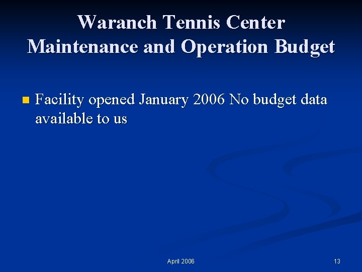 Waranch Tennis Center Maintenance and Operation Budget n Facility opened January 2006 No budget