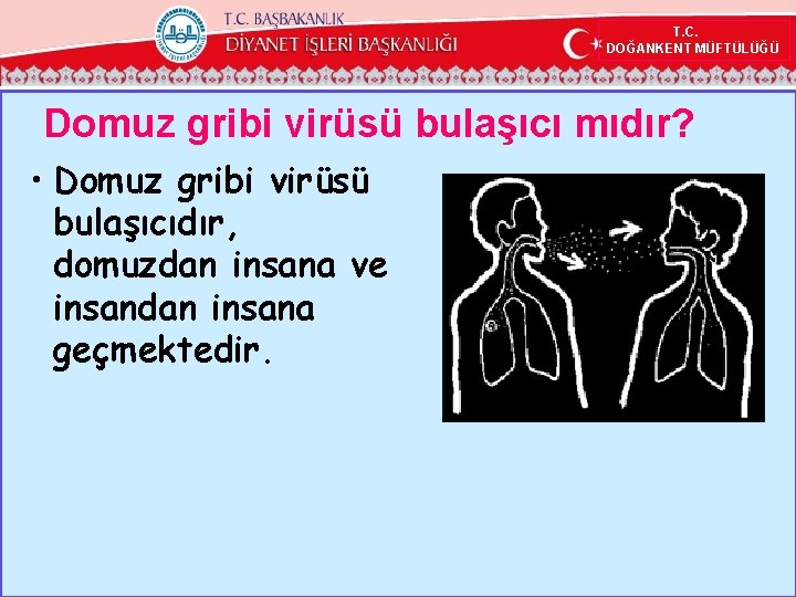 T. C. DOĞANKENT MÜFTÜLÜĞÜ Domuz gribi virüsü bulaşıcı mıdır? • Domuz gribi virüsü bulaşıcıdır,