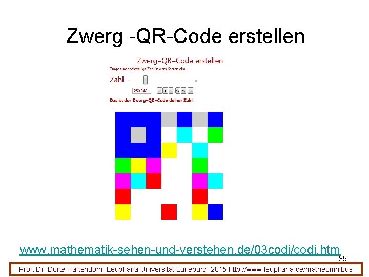 Zwerg -QR-Code erstellen www. mathematik-sehen-und-verstehen. de/03 codi/codi. htm 39 Prof. Dr. Dörte Haftendorn, Leuphana