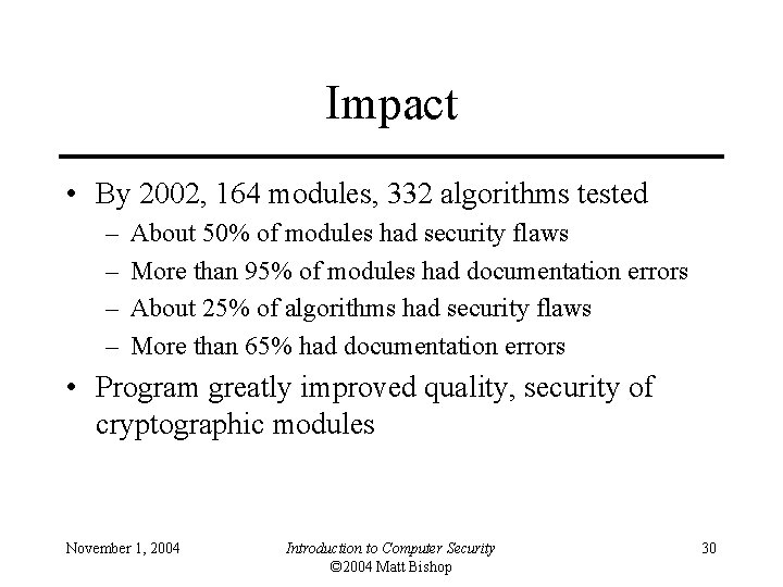 Impact • By 2002, 164 modules, 332 algorithms tested – – About 50% of