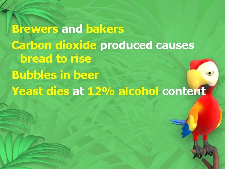 Brewers and bakers Carbon dioxide produced causes bread to rise Bubbles in beer Yeast Brewers and bakers Carbon dioxide produced causes bread to rise Bubbles in beer Yeast