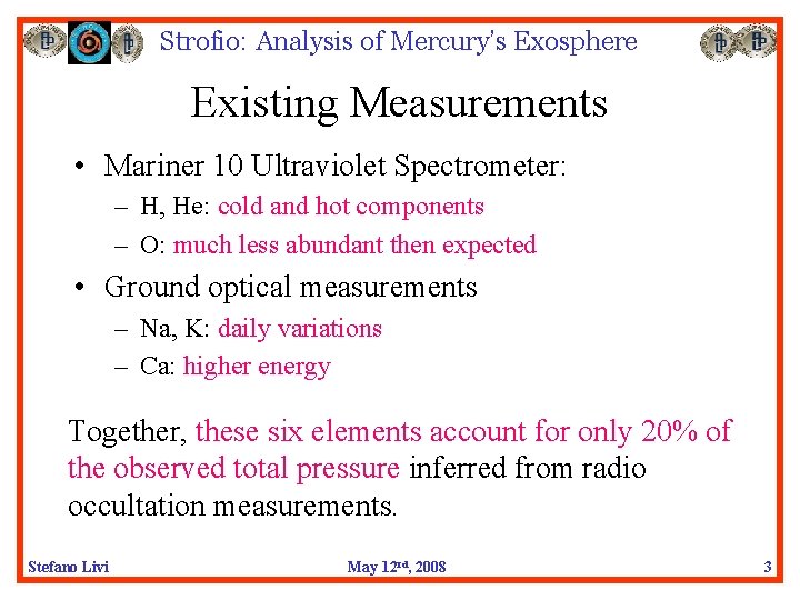 Strofio: Analysis of Mercury’s Exosphere Existing Measurements • Mariner 10 Ultraviolet Spectrometer: – H,