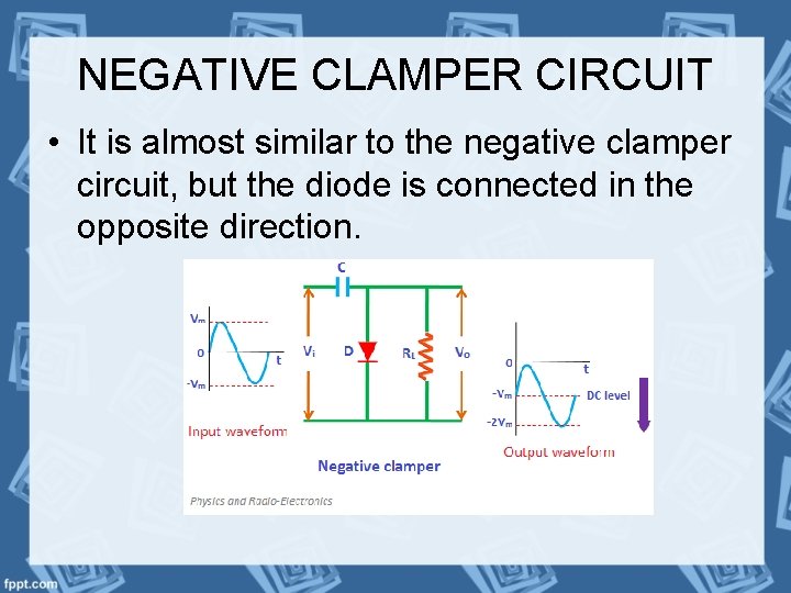 NEGATIVE CLAMPER CIRCUIT • It is almost similar to the negative clamper circuit, but