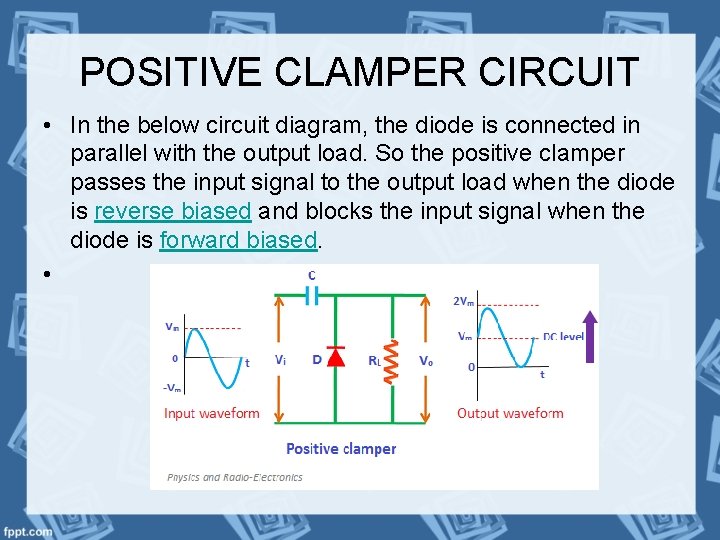 POSITIVE CLAMPER CIRCUIT • In the below circuit diagram, the diode is connected in