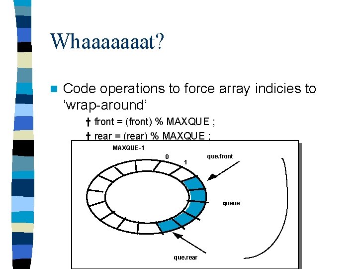 Whaaaaaaat? n Code operations to force array indicies to ‘wrap-around’ † front = (front)