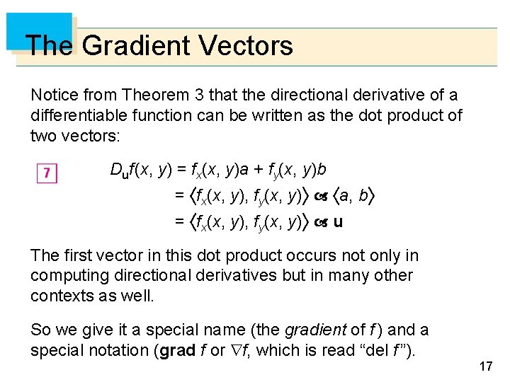 The Gradient Vectors Notice from Theorem 3 that the directional derivative of a differentiable