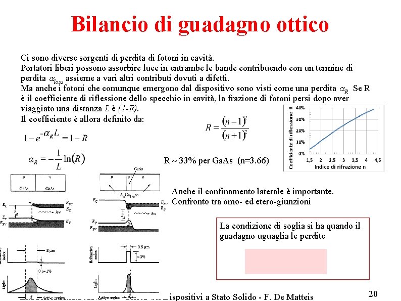 Bilancio di guadagno ottico Ci sono diverse sorgenti di perdita di fotoni in cavità.