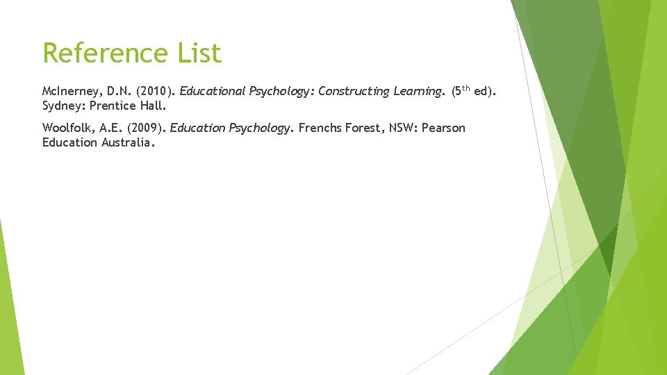 Reference List Mc. Inerney, D. N. (2010). Educational Psychology: Constructing Learning. (5 th ed).