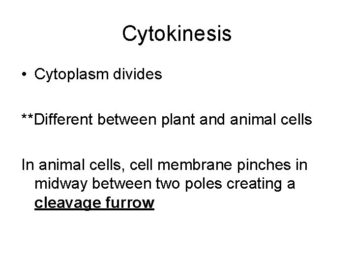 Cytokinesis • Cytoplasm divides **Different between plant and animal cells In animal cells, cell