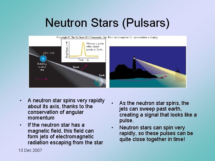 Neutron Stars (Pulsars) • • A neutron star spins very rapidly about its axis,