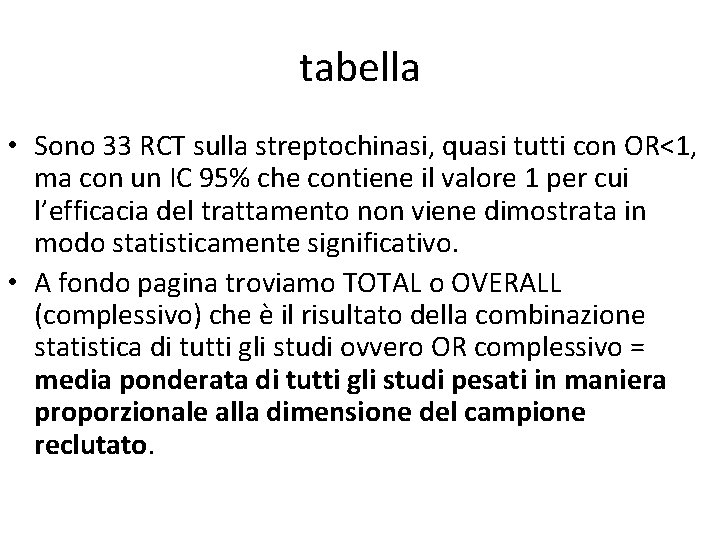 tabella • Sono 33 RCT sulla streptochinasi, quasi tutti con OR<1, ma con un