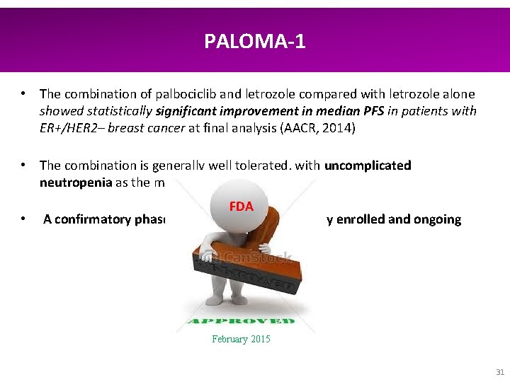 PALOMA-1 • The combination of palbociclib and letrozole compared with letrozole alone showed statistically