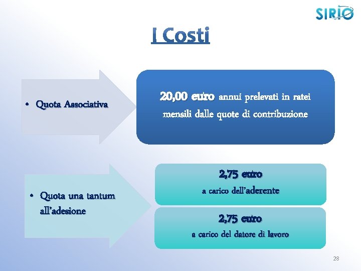  • Quota Associativa 20, 00 euro annui prelevati in ratei mensili dalle quote