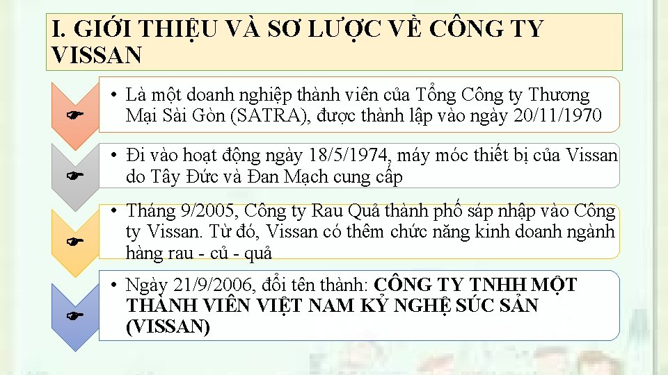 I. GIỚI THIỆU VÀ SƠ LƯỢC VỀ CÔNG TY VISSAN • Là một doanh