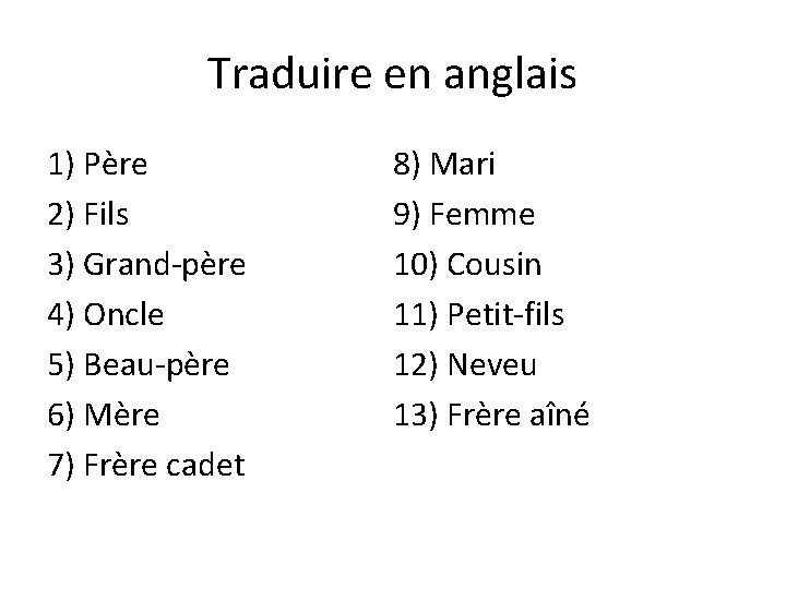 Traduire en anglais 1) Père 2) Fils 3) Grand-père 4) Oncle 5) Beau-père 6)