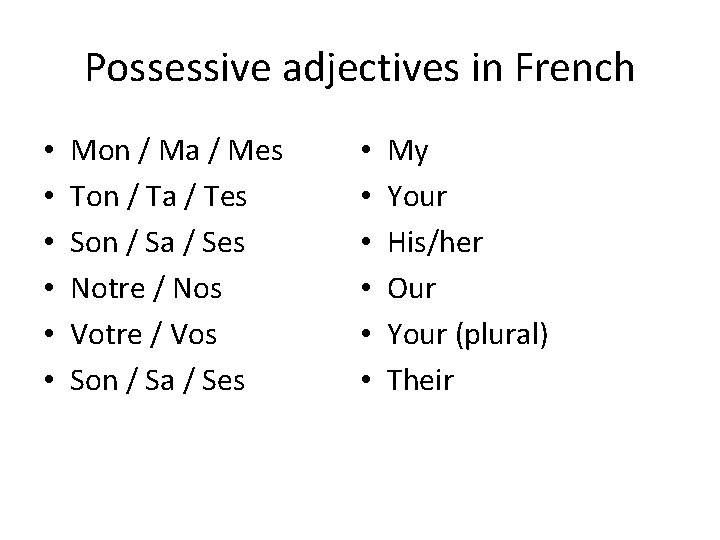 Possessive adjectives in French • • • Mon / Ma / Mes Ton /