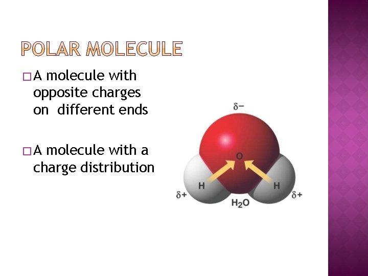 �A molecule with opposite charges on different ends �A molecule with a charge distribution
