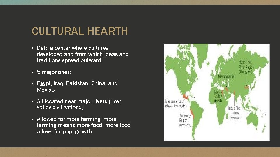 CULTURAL HEARTH ▪ Def: a center where cultures developed and from which ideas and