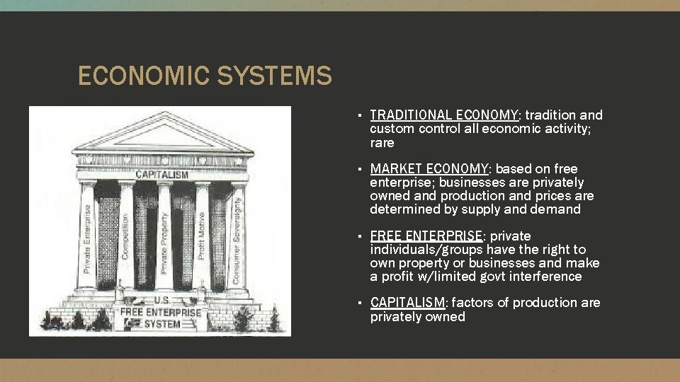 ECONOMIC SYSTEMS ▪ TRADITIONAL ECONOMY: tradition and custom control all economic activity; rare ▪