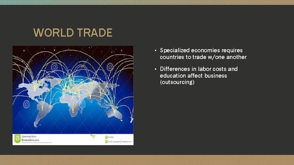 WORLD TRADE ▪ Specialized economies requires countries to trade w/one another ▪ Differences in