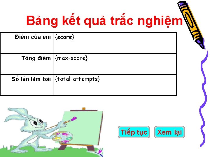 Bảng kết quả trắc nghiệm Điẻm của em {score} Tổng điểm {max-score} Số lần