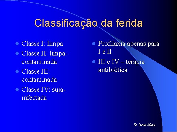 Classificação da ferida Classe I: limpa l Classe II: limpacontaminada l Classe III: contaminada