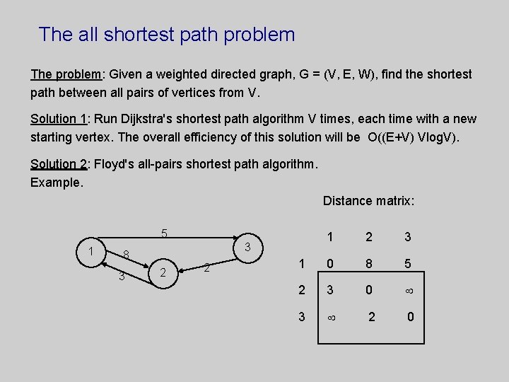 The all shortest path problem The problem: Given a weighted directed graph, G =