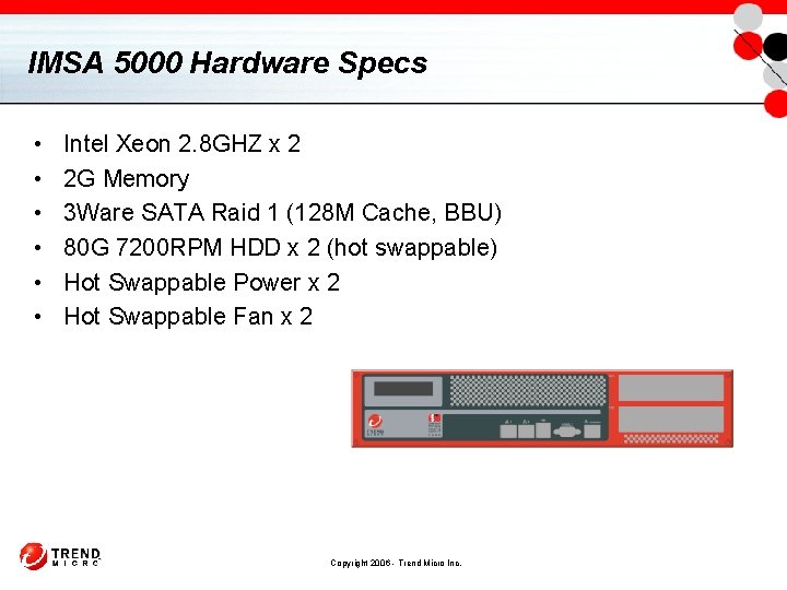 IMSA 5000 Hardware Specs • • • Intel Xeon 2. 8 GHZ x 2