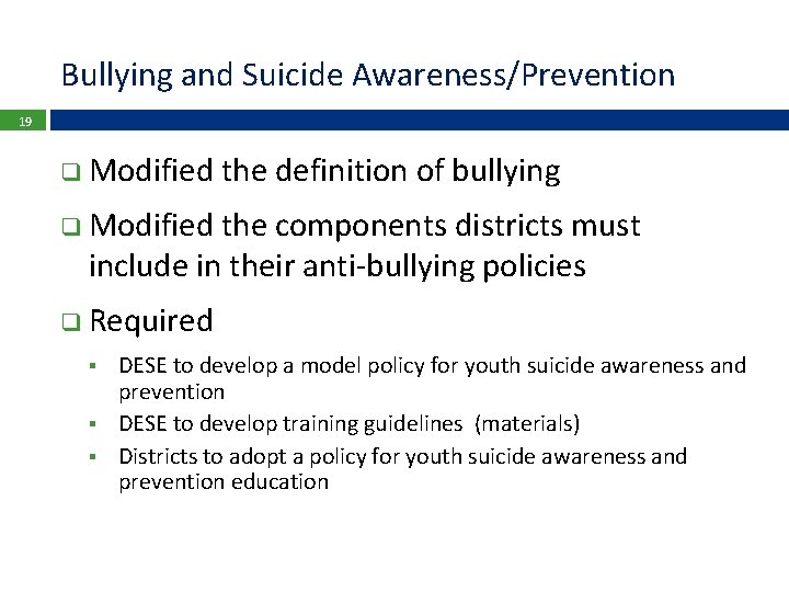 Bullying and Suicide Awareness/Prevention 19 q Modified the definition of bullying q Modified the