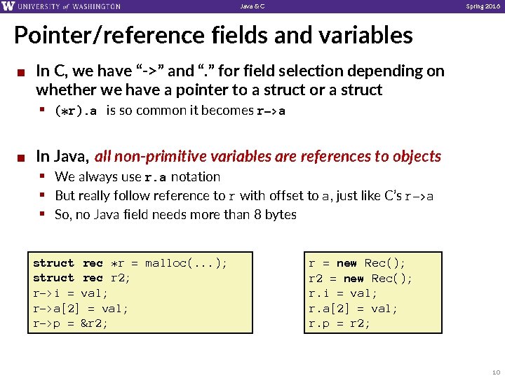 Java & C Spring 2016 Pointer/reference fields and variables ¢ In C, we have