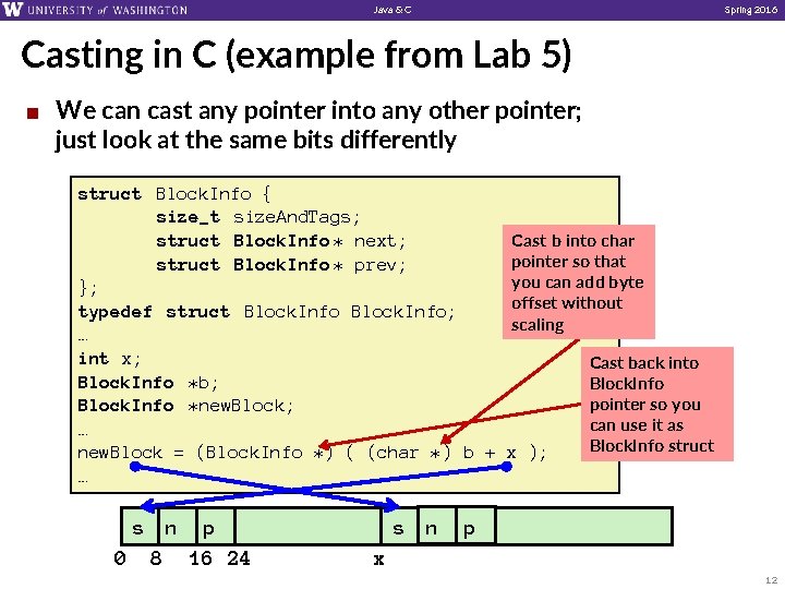 Java & C Spring 2016 Casting in C (example from Lab 5) ¢ We