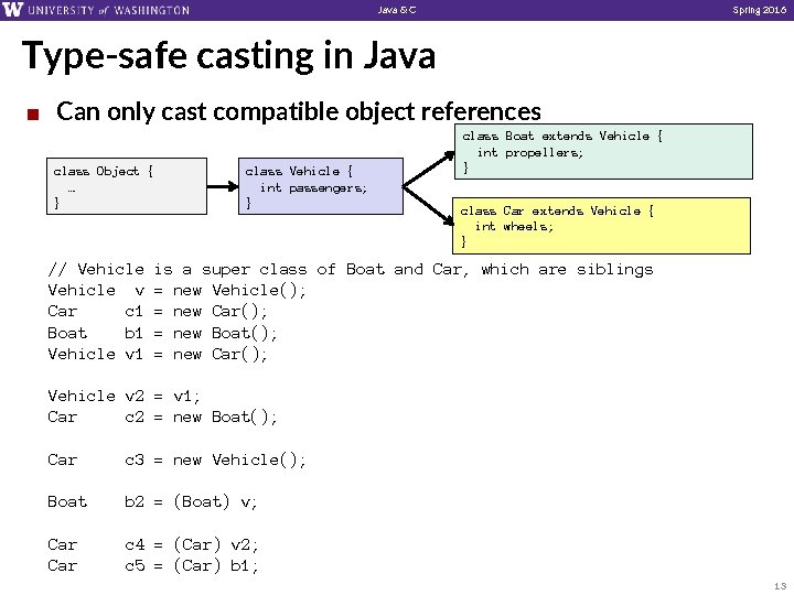 Java & C Spring 2016 Type-safe casting in Java ¢ Can only cast compatible