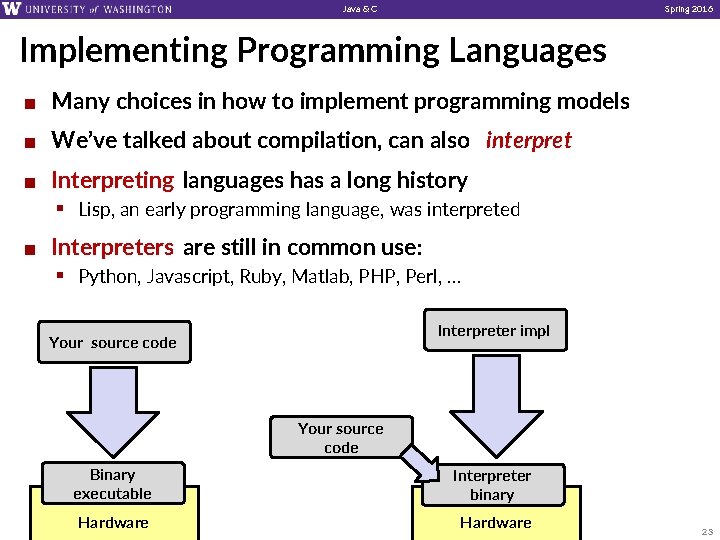 Java & C Spring 2016 Implementing Programming Languages ¢ Many choices in how to