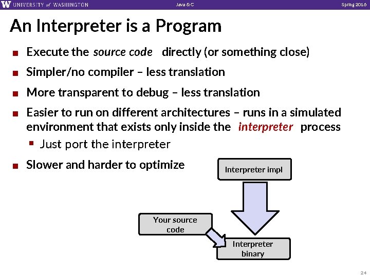 Java & C Spring 2016 An Interpreter is a Program ¢ Execute the source