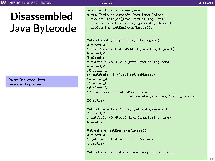 Java & C Disassembled Java Bytecode javac Employee. javap -c Employee Spring 2016 Compiled